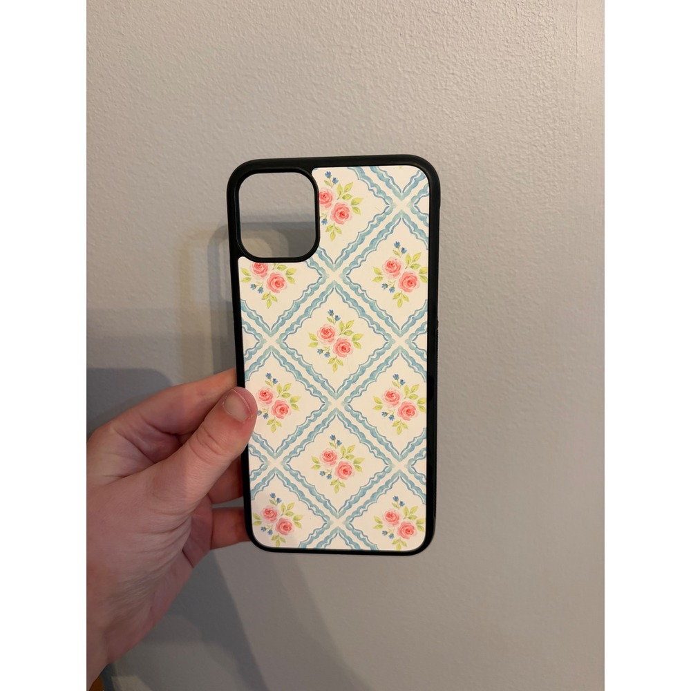 Floral Trellis iPhone 11 Pro Max Case Blue Pink Rose Cottagecore Black Bumper
